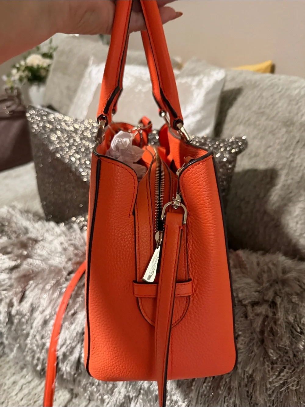 Orange Leather Tote Handbag with Removable Strap